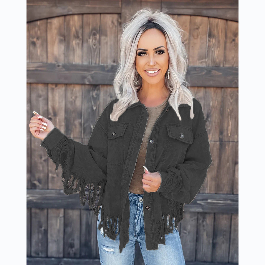 Casual Street Style Stitching Tassel Washed Coats
