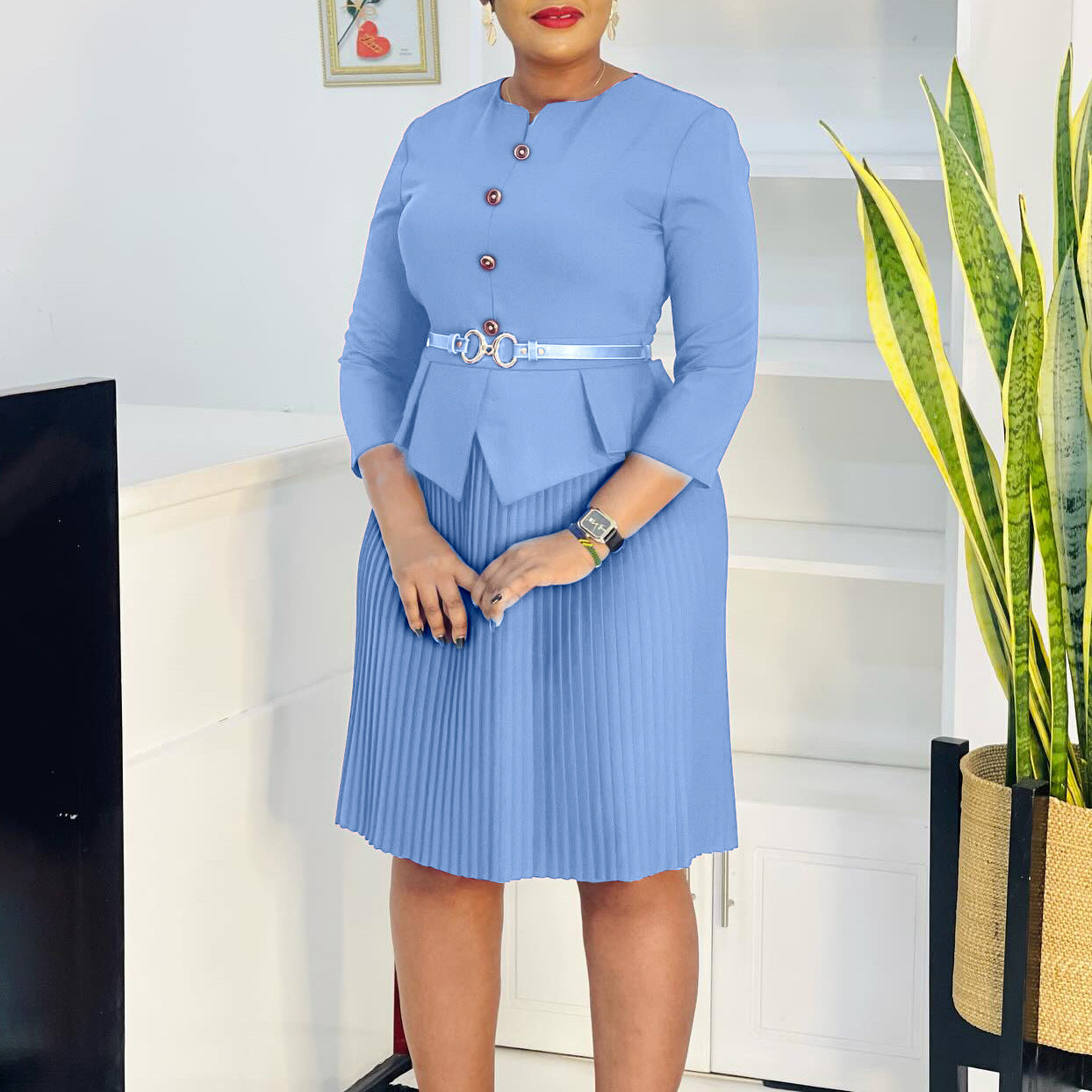 Women's Three-quarter Sleeve Fashionable Elegant Pleated Dress