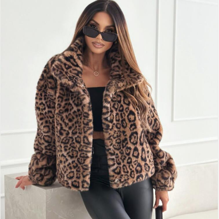 Women's Fashion Leopard Print Long Sleeve Furry Coats