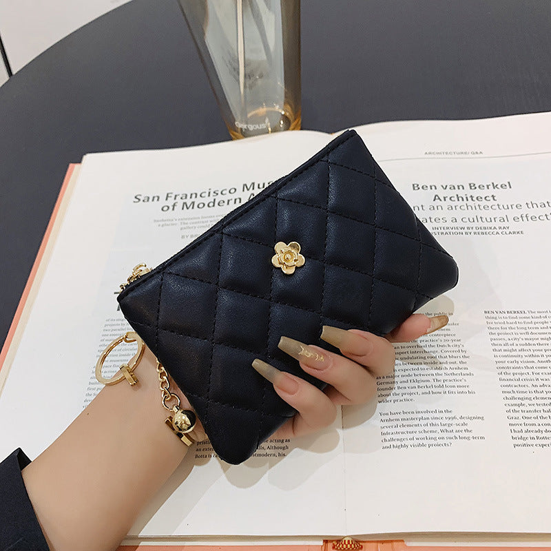Women's Thin License Clamp Camellia Diamond Zipper Ladies Wallets