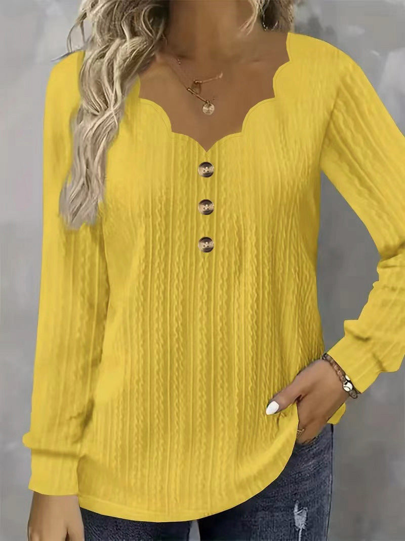 Women's Solid Color Scallop Front Button Long Women's T-shirt