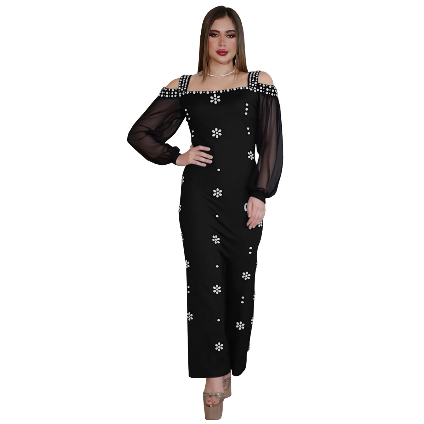 Women's Fashion Wear Elegant Rhinestone Square Collar Mesh Slim Dresses