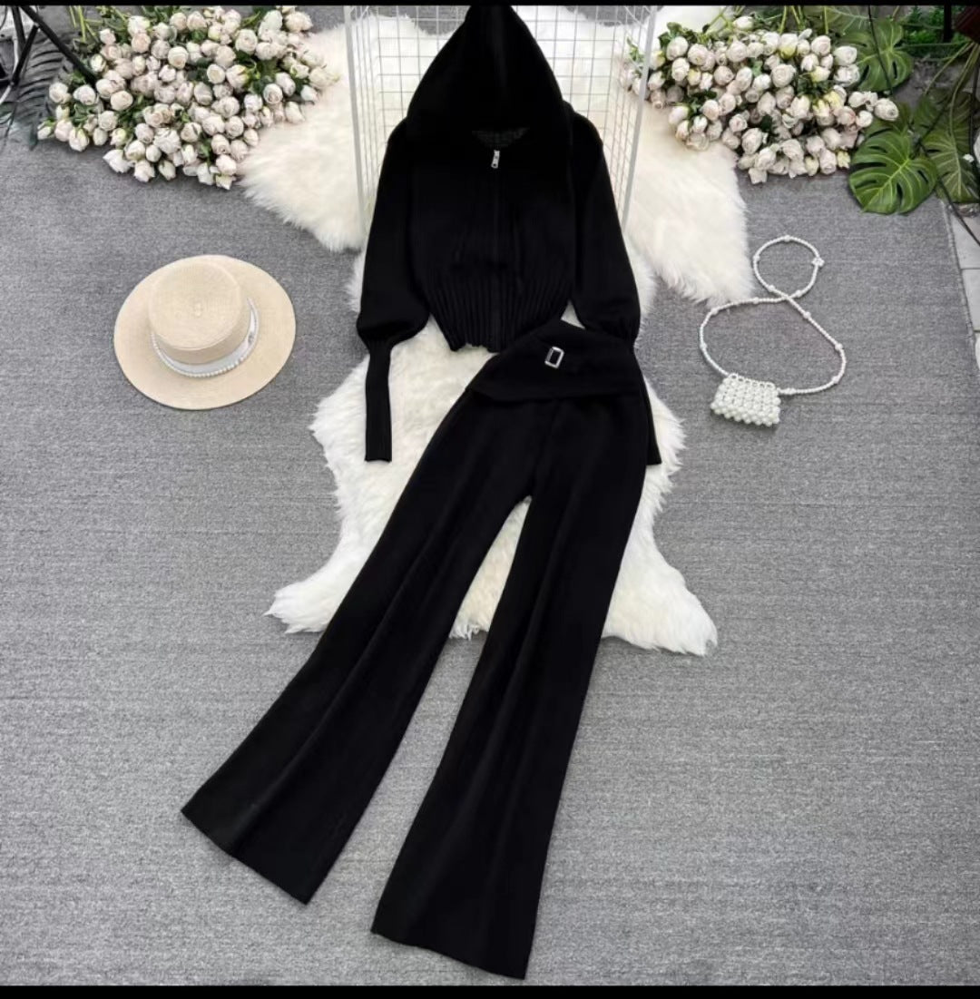 Women's Zipper Slim Fit Knitted Hooded Two-piece Set Suits