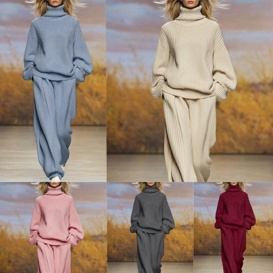 Leisure Knitted Loose Turtleneck Wide Leg Suits