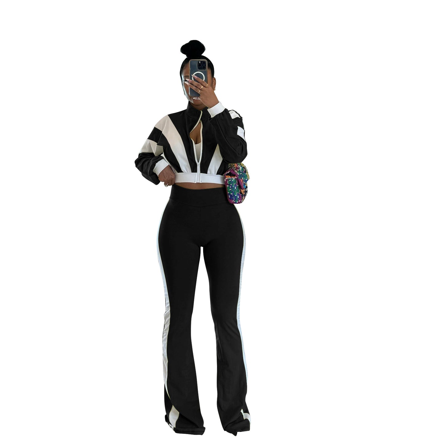 Women's Color Matching Design Slim Fit Bell-bottom Long Suits