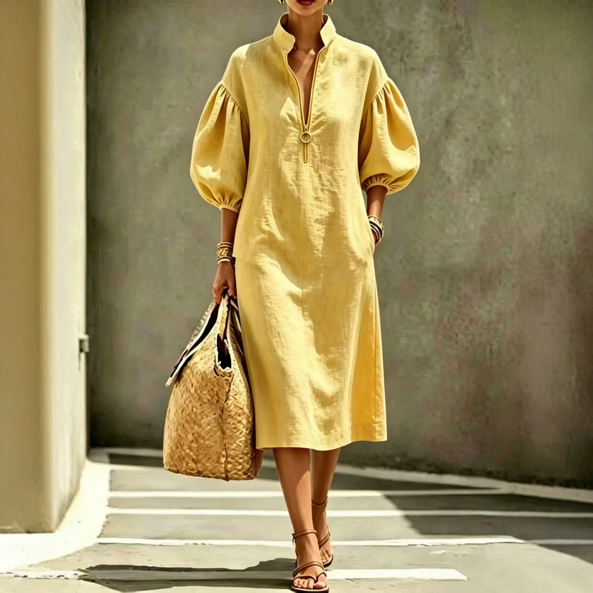 Women's Casual Loose Lapel Puff Sleeve Half Dress