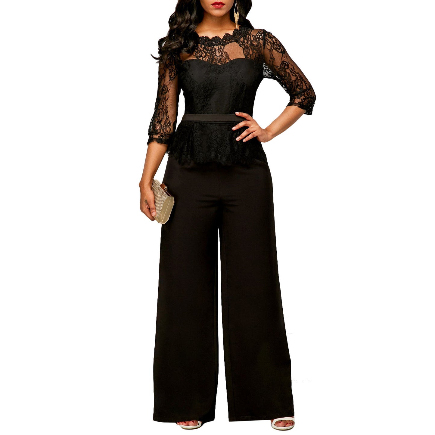 Women's Fashion Casual Lace Stitching Elegant Trousers Jumpsuits