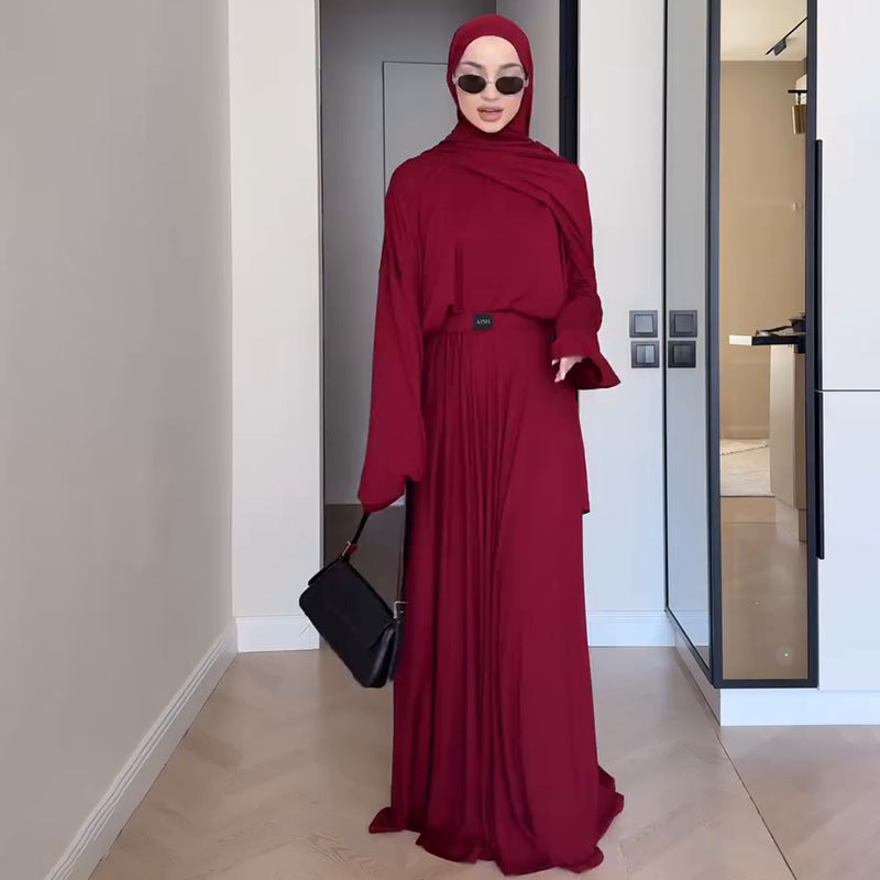 Women's Spring Solid Color Long-sleeved Pleated Dress Suits
