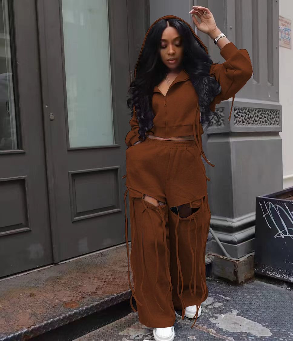 Women's Fashion Loose Hole Wide Leg Versatile Personality Hooded Suits