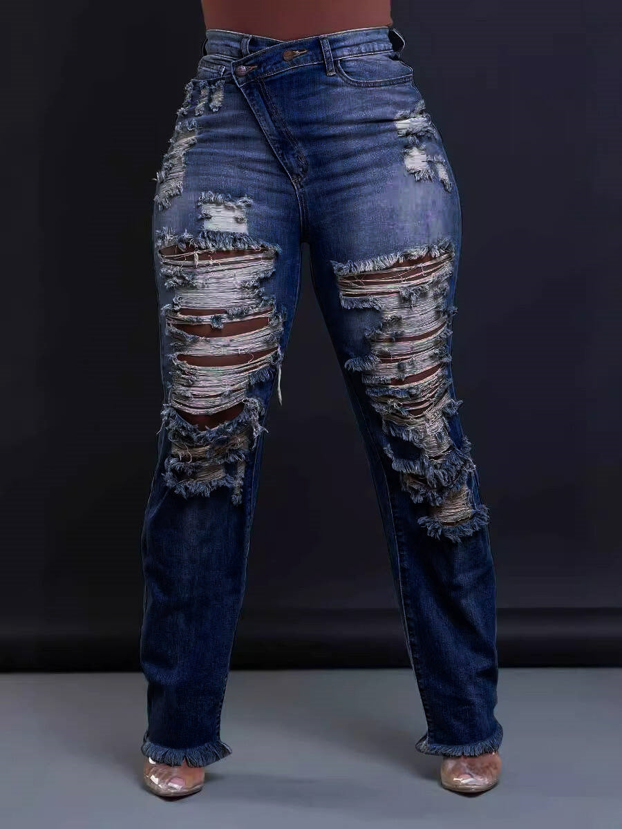 Women's Straight Personality Waist Elastic Cut Tasseled Women's Jeans