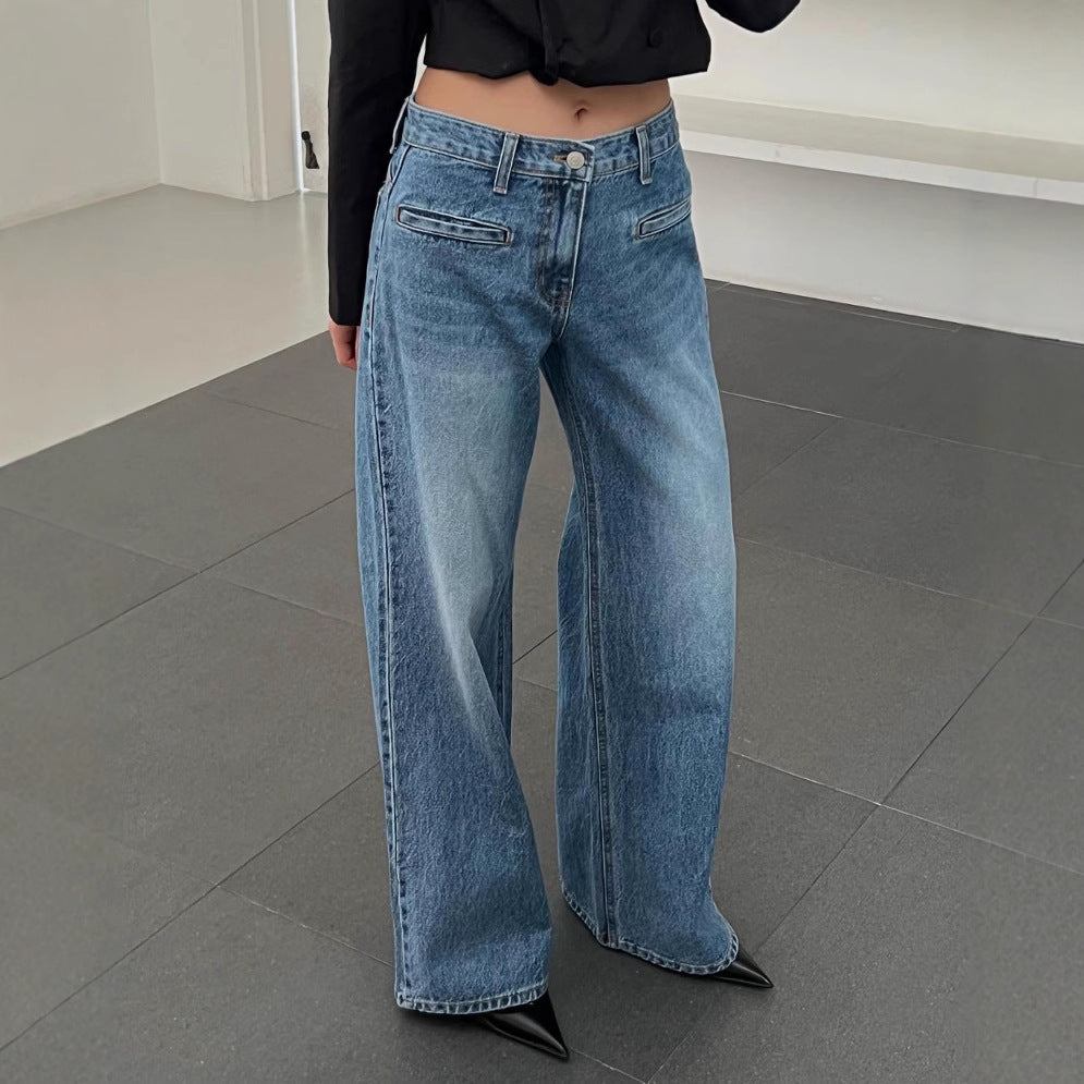 Style Retro Washed Western Pocket Design Loose Slim Women's Jeans