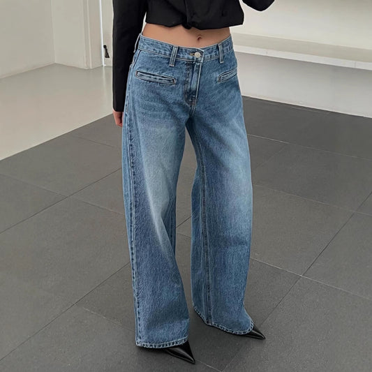 Style Retro Washed Western Pocket Design Loose Slim Women's Jeans