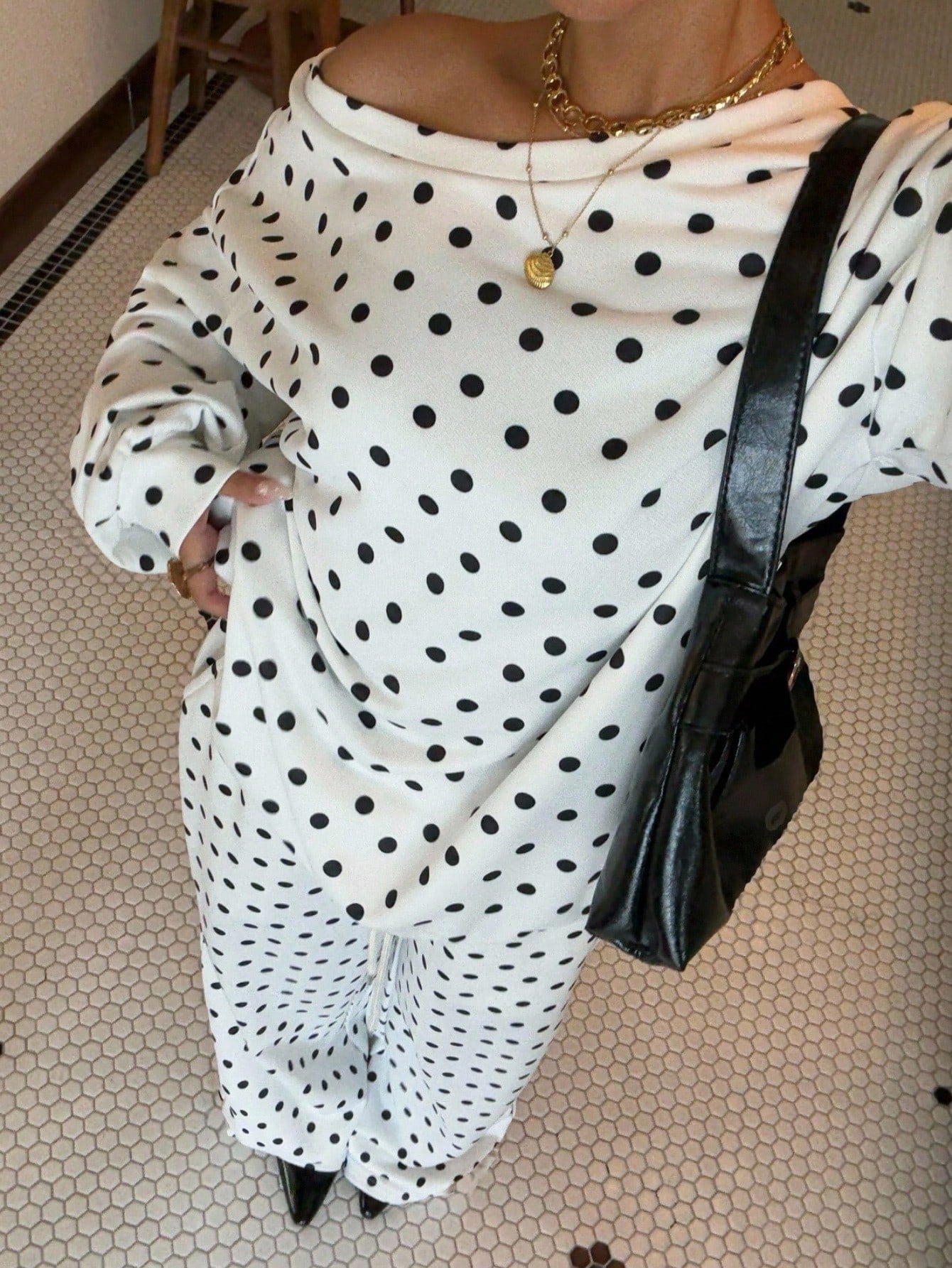 Women's Polka Dot Diagonal Collar Long Sleeve Pocket Drawstring Suits