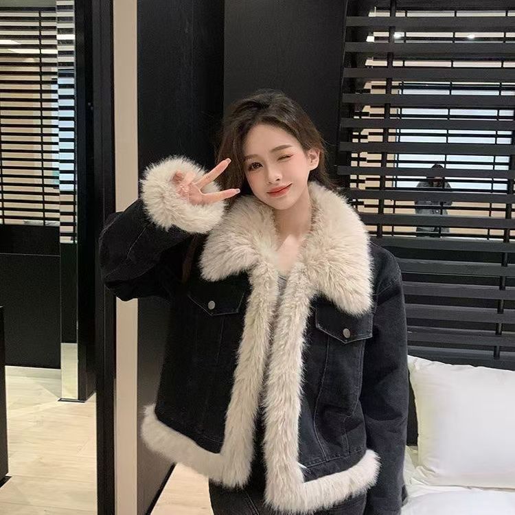 Women's Black Denim Winter Fleece-lined Thickened Imitation Fox Fur Coats