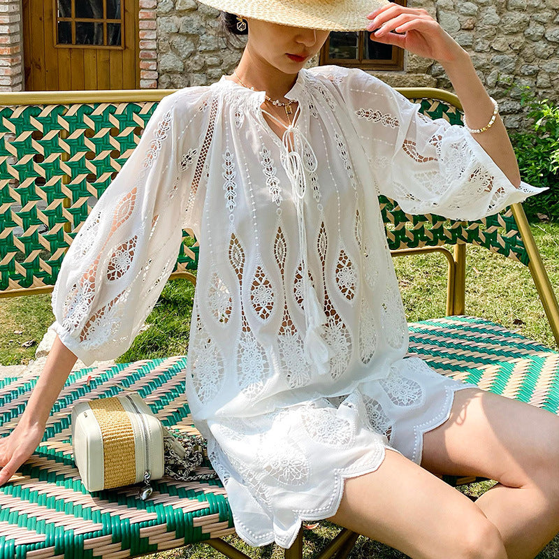 Women's Spring Vacation Style French Embroidery Seaside Blouses