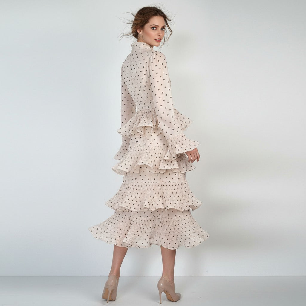 Flared Long Sleeve Stand-up Collar Tie Waist Dresses