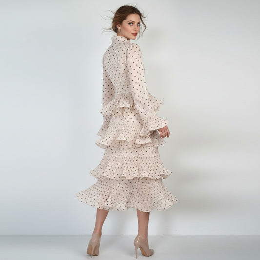 Flared Long Sleeve Stand-up Collar Tie Waist Dresses