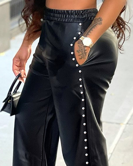 Solid Color Loose Wide Leg Pocket Pants