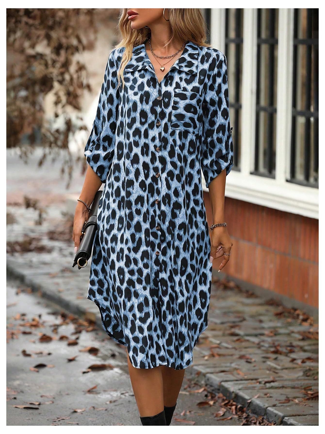 Women's Leopard Print Sleeve Shirt Woven Loose Fashion Ladies Slit Dress