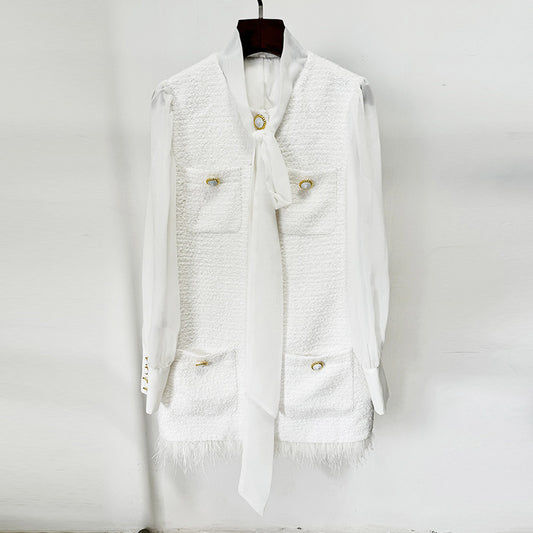 Fashionable Feather Hem Chiffon Stitching Tweed Dress