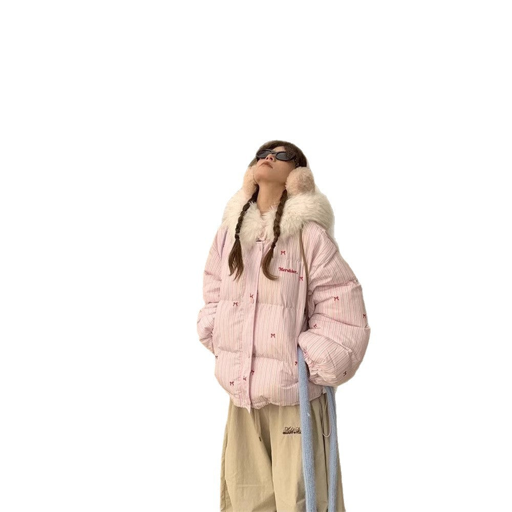 Women's Design Striped Bow Fur Collar Hood Cotton Thick Jackets