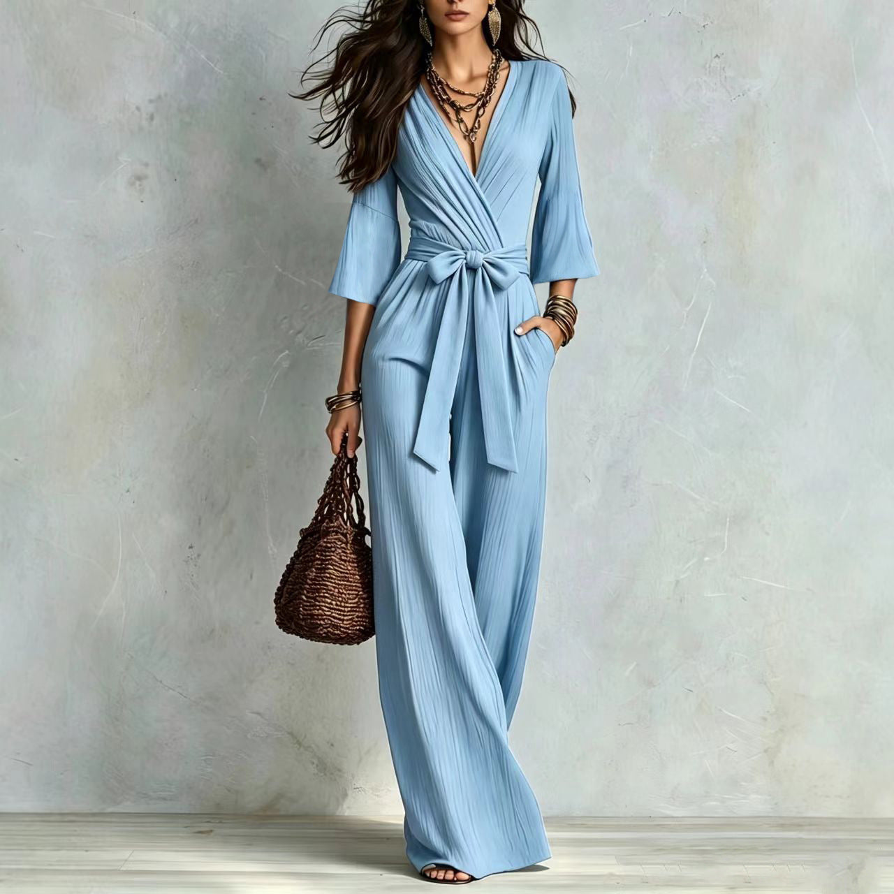 Deep V Puff Sleeve One-piece Female Belt Jumpsuits