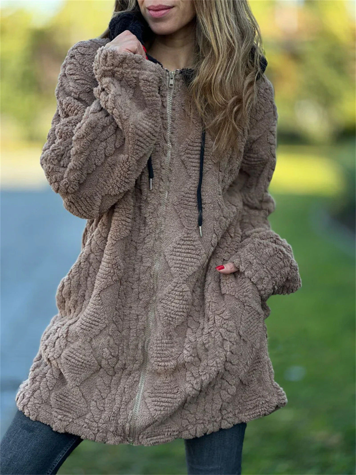 Women's Casual Hooded Solid Color Fur Zip Long Sleeve Coats