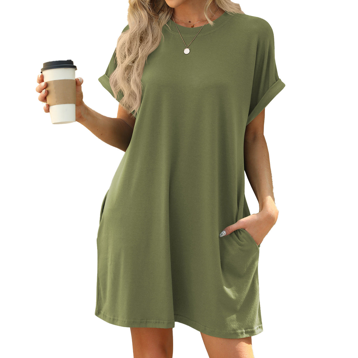 Solid Color Round Neck Pocket Loose Shorts