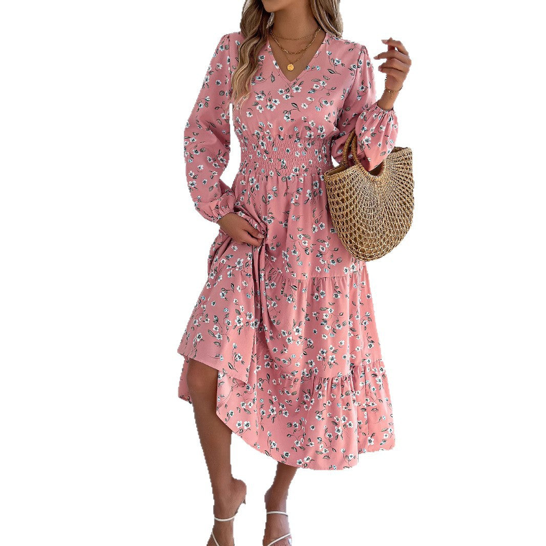 Women's Flowers Long Sleeve Waist Trimming Ruffles A- Line Dress
