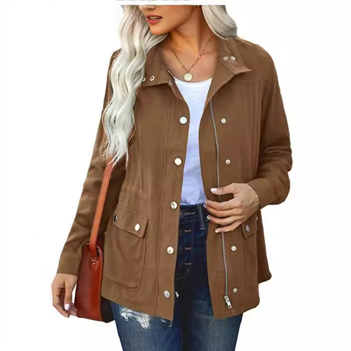 Women's Polo Collar Solid Color Pocket Fastener Coats