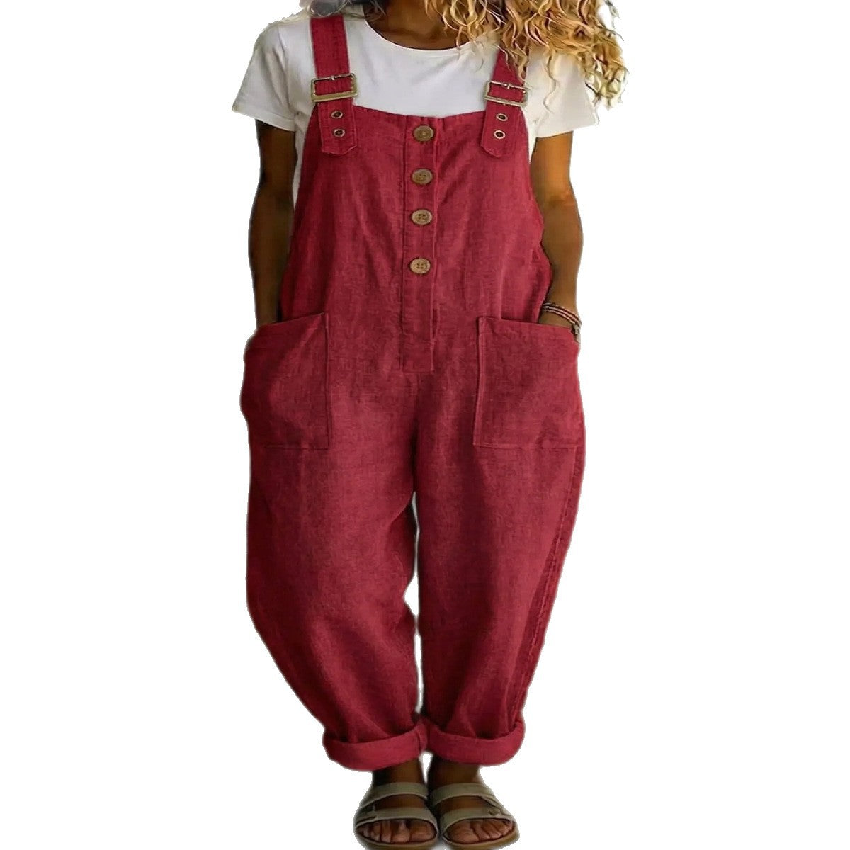 Women's Summer Linen Solid Color Retro Pocket Straight Women's Jumpsuit/clothing