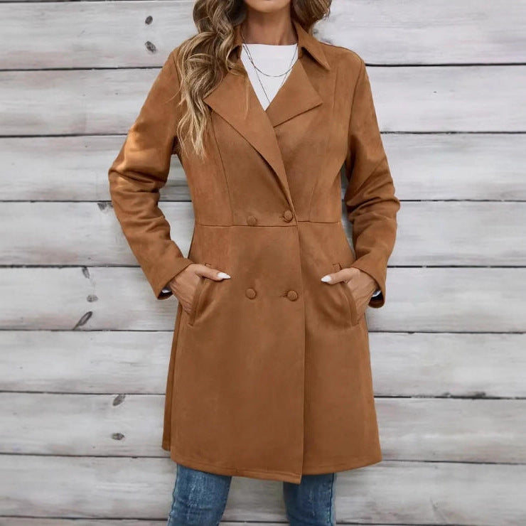Women's Suede Fashionable Casual Polo Collar Mid-length Coats