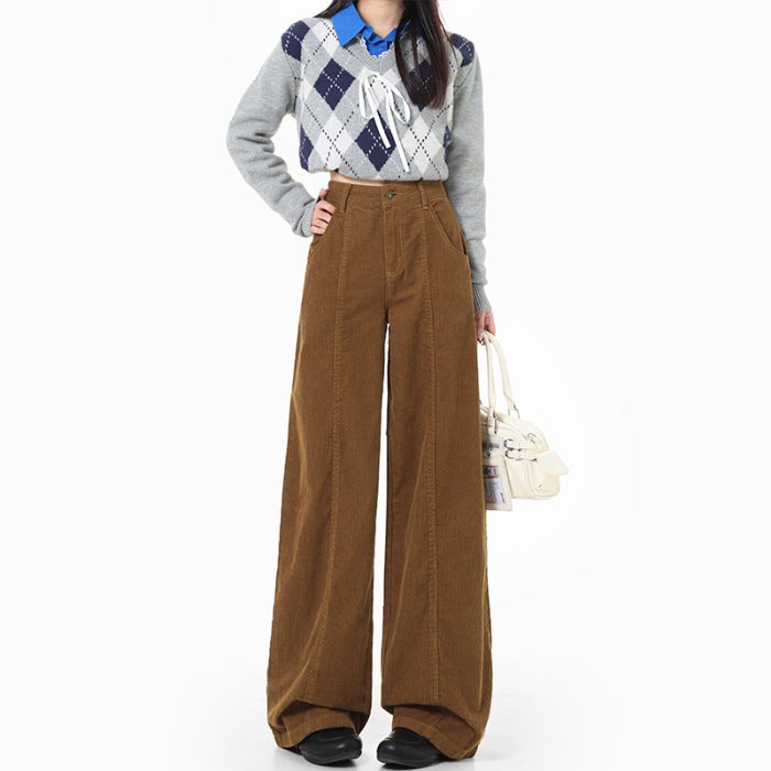 Women's Retro Style Caramel Corduroy Regular Lengthened Pants
