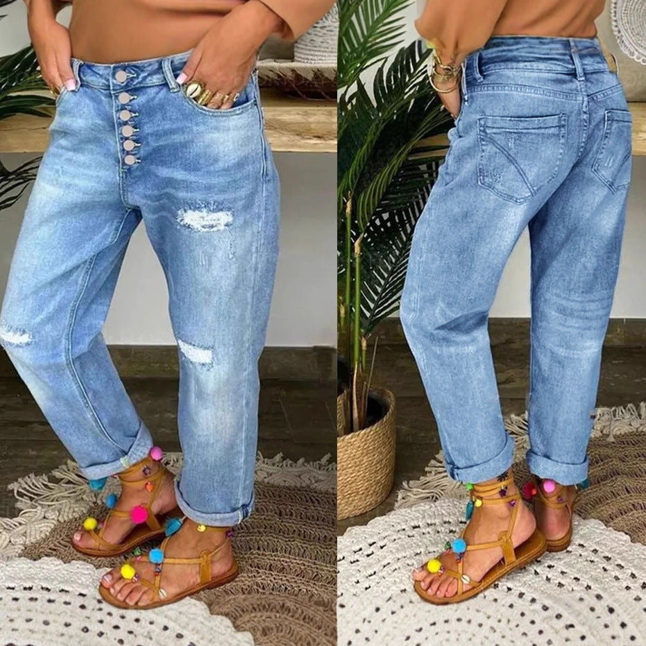 Women's Blue With Holes Loose Washed-out Straight Clothing