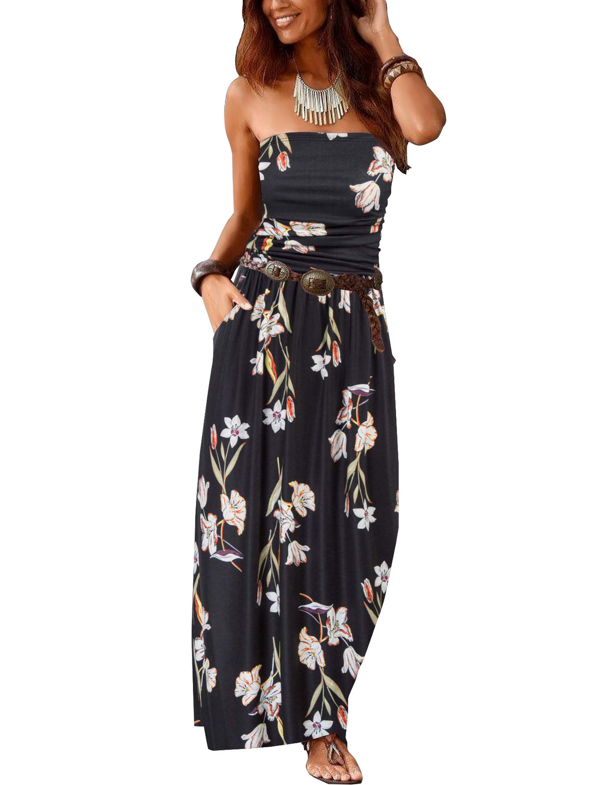 Women's Collar Sleeveless Cold-shoulder Long Double Pocket Dress