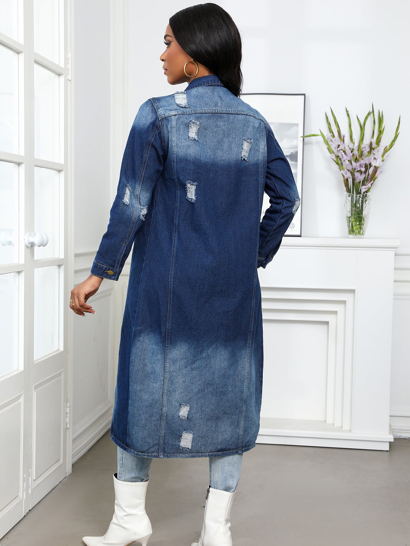 Women's Long Ripped Denim Trench Overcoat Jackets