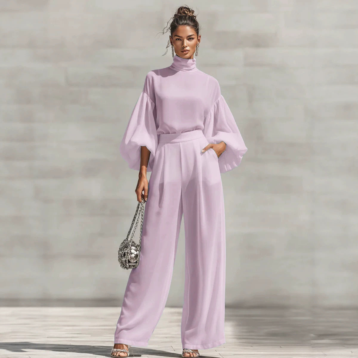 Color Stand Collar Bubble Long Sleeve High Waist Draping Wide Fashion Casual Suit