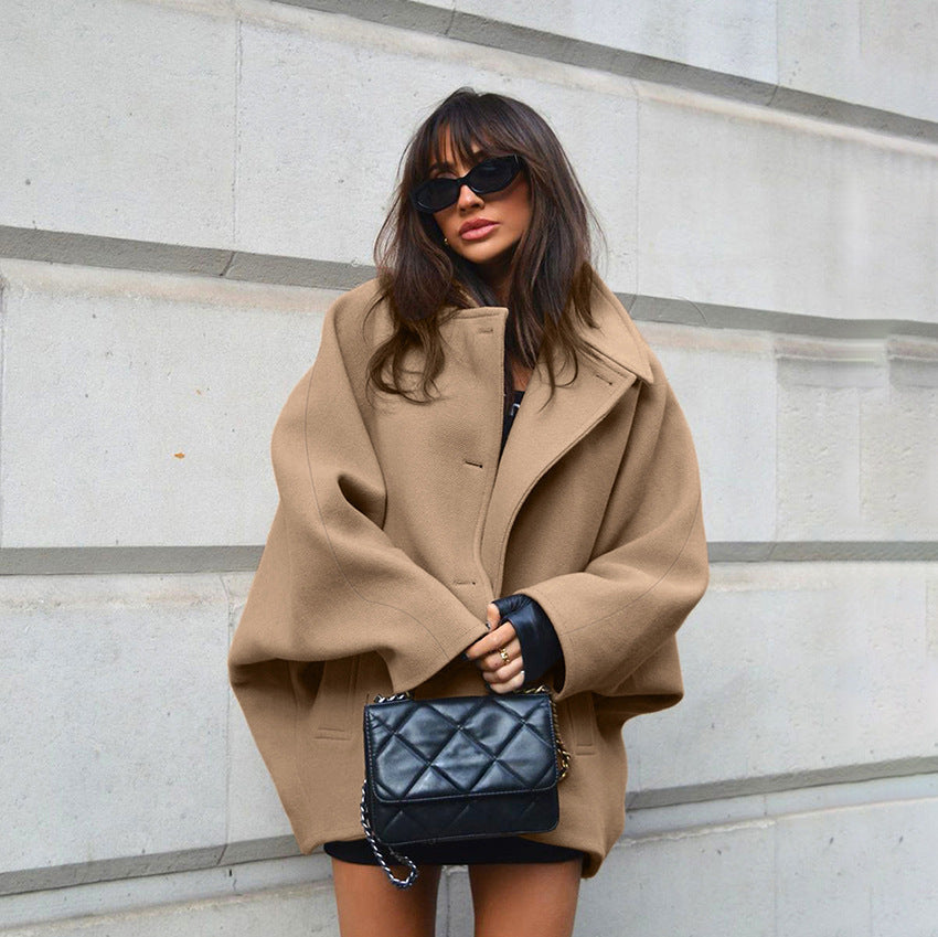 Women's Fashion High-grade Brown Woolen Lapel Batwing Sleeve Clothing