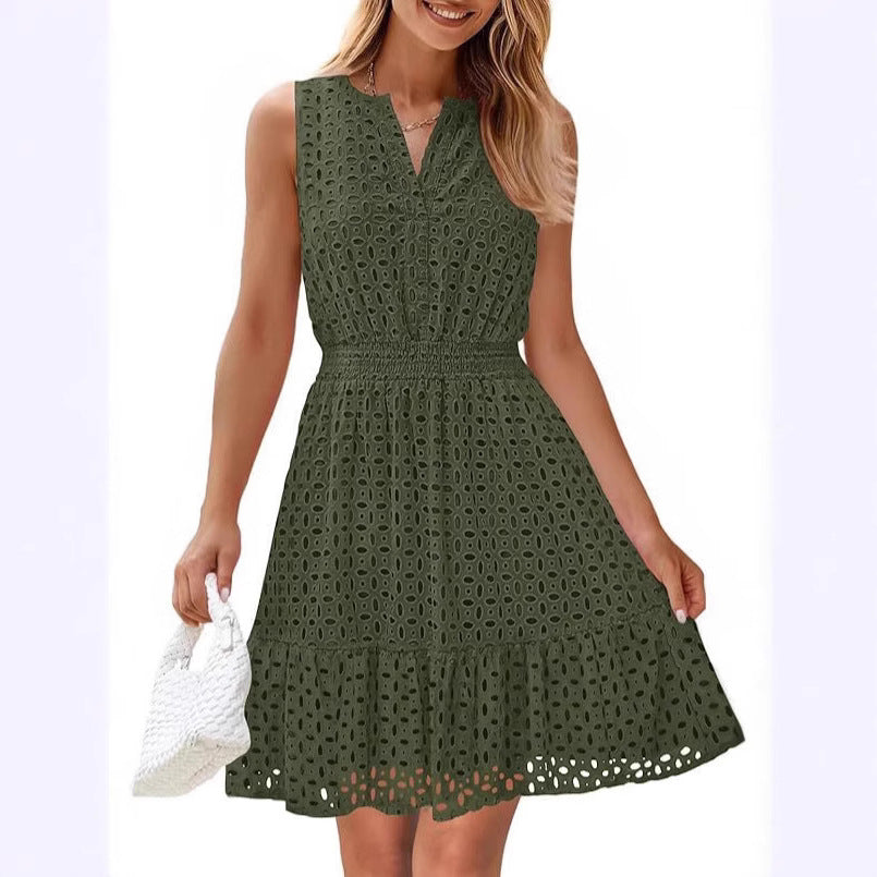 Women's Summer Sleeveless Dress Collar Eyelet High Dresses