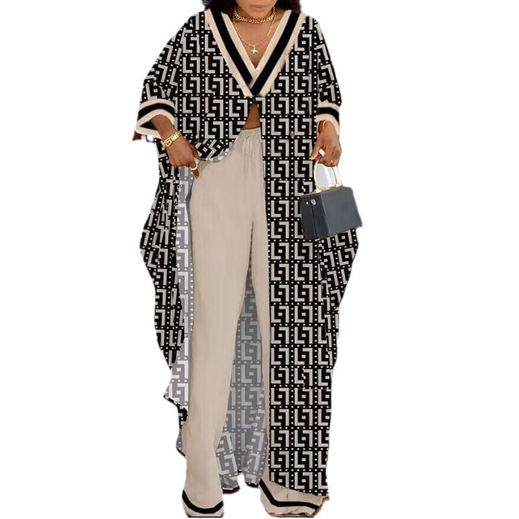 Women's Two-piece Buttons Printed Sleeves Drawstring Trousers Suits
