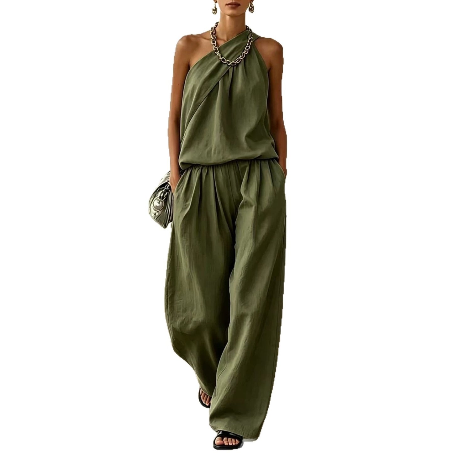 Linen Sleeveless Cold-shoulder Solid Color Wide Fashion Casual Suit