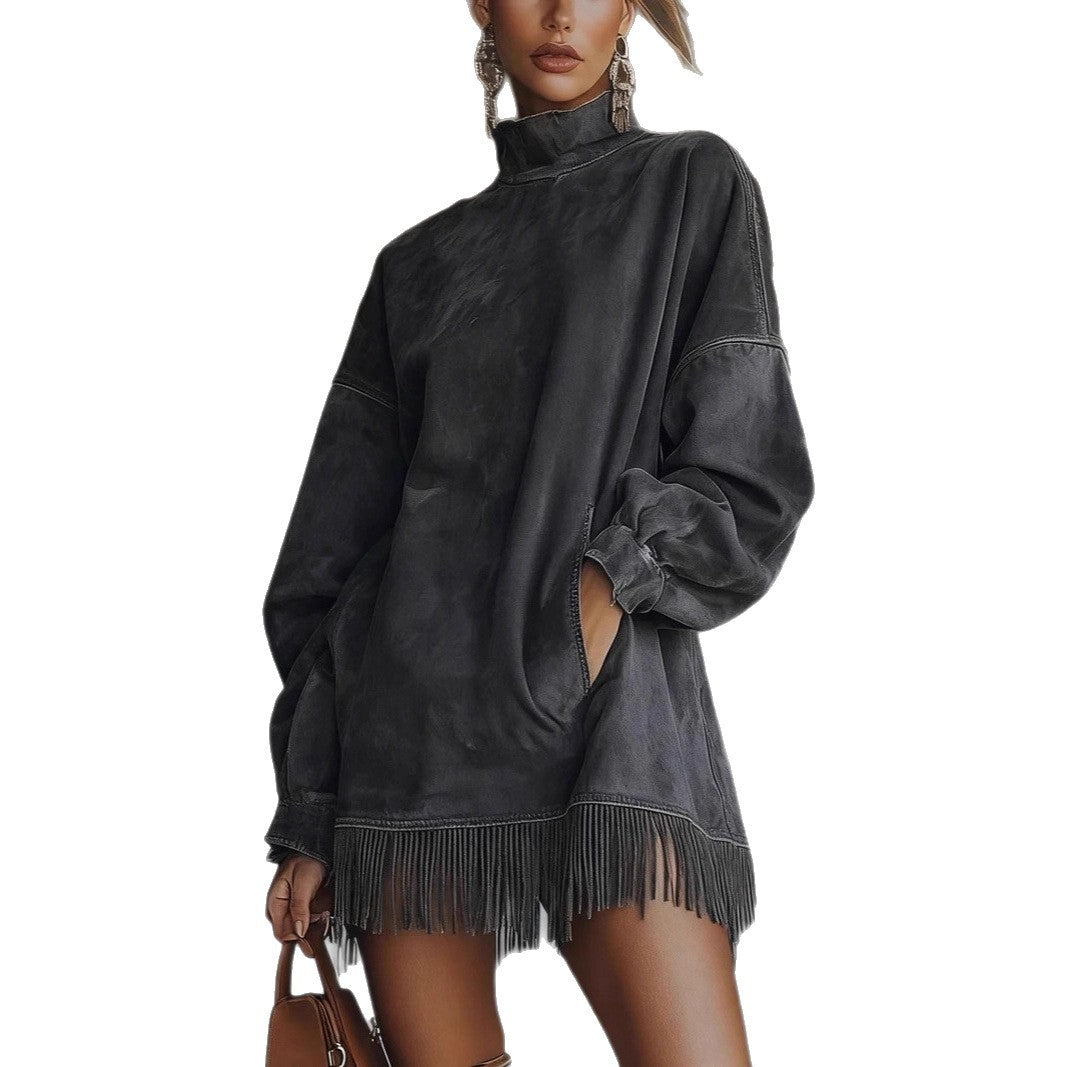 Suede Vintage Loose Pockets Tassel Long Dresses