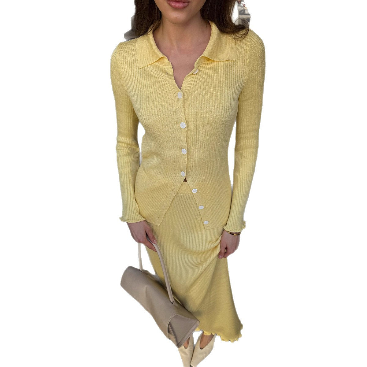 Women's Collar Long Sleeve Wooden Ear Knitted Suits
