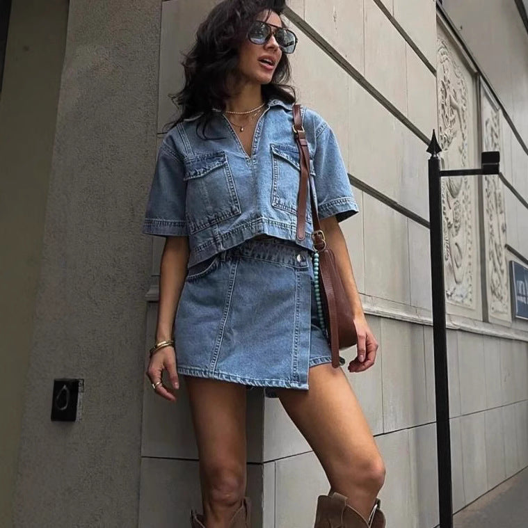 Women's Denim Culottes Summer Short-sleeved Hot High Suits