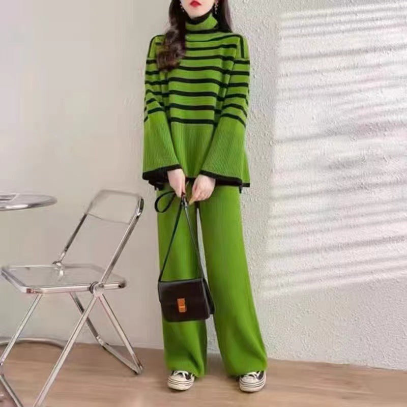 Women's Loose High Neck Knitted Waist Straight Suits