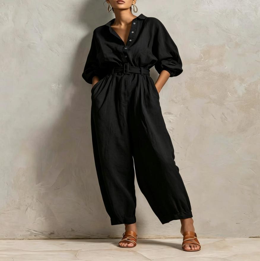 Women's Button Belt Solid Color Slim Fit Women's Jumpsuit/clothing