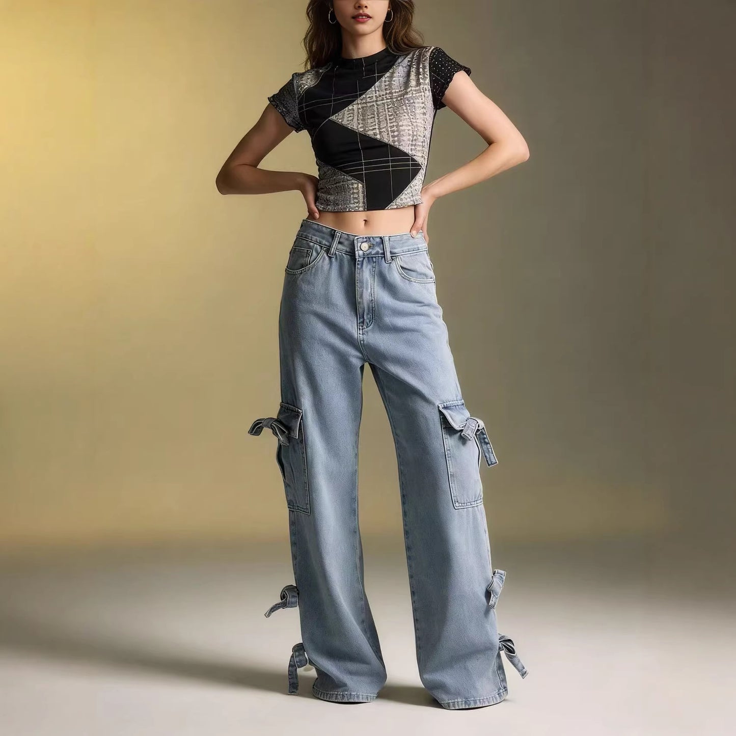 Women's Fashion Loose Bow Overalls Versatile Jeans