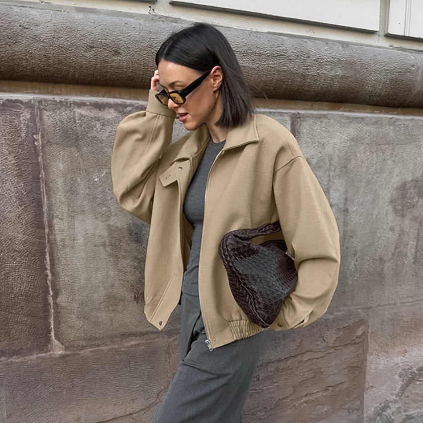 Women's Khaki Polo Collar Loose Overcoat Commuter Coats
