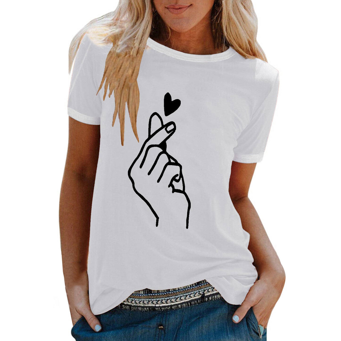 Women's Summer Shirt Finger Print Loose Round Neck Women's T-shirt