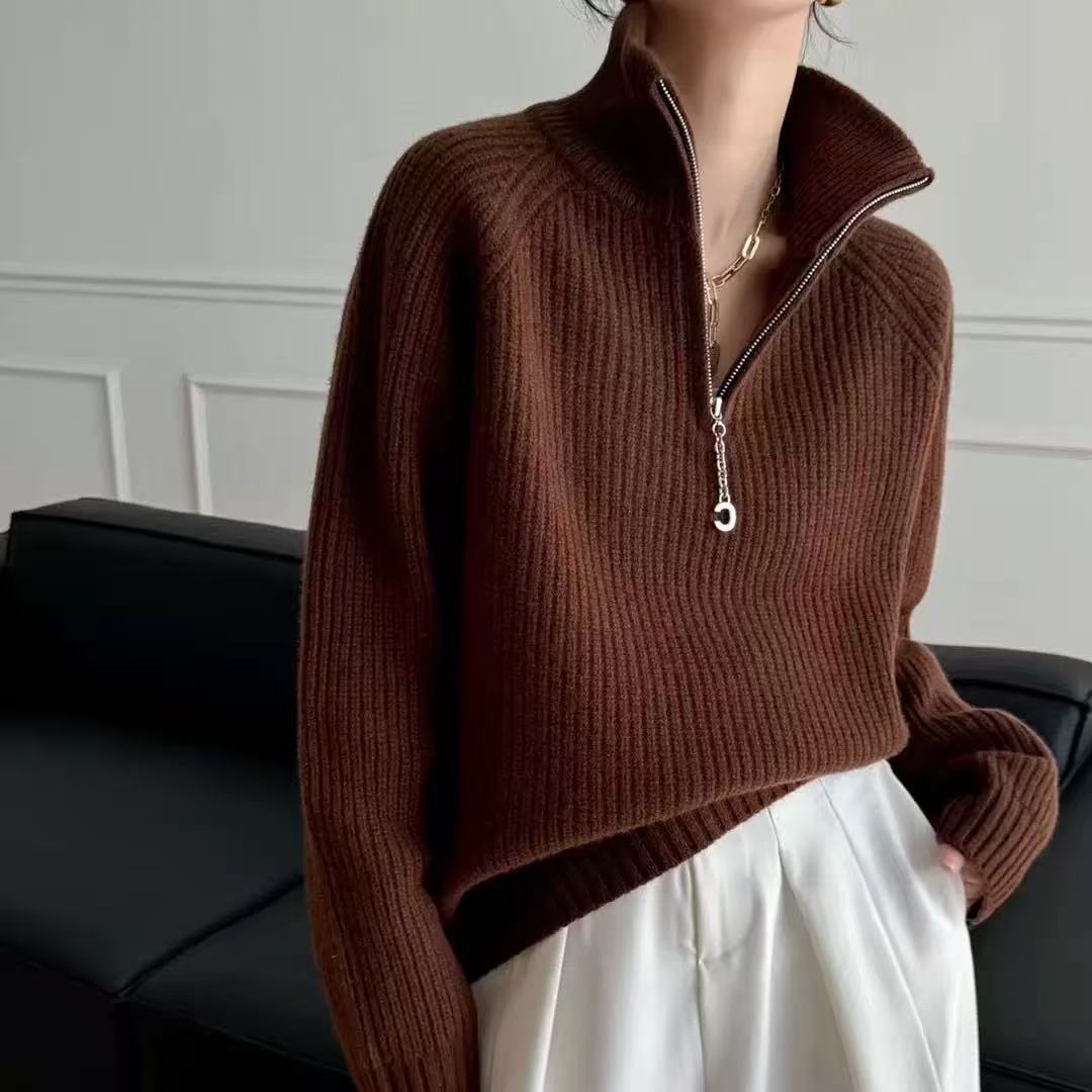 Women's Thick Fashion Design Lapel Zipper Solid Sweaters